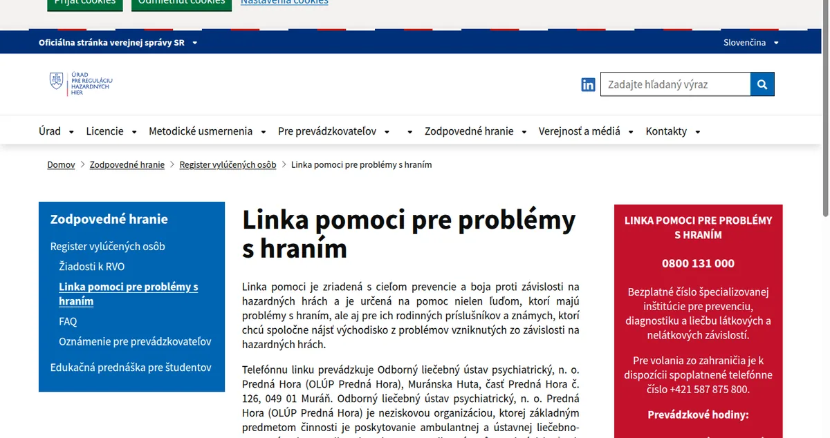Informačná stránka o linke pomoci pre ľudí s problémom s hraním