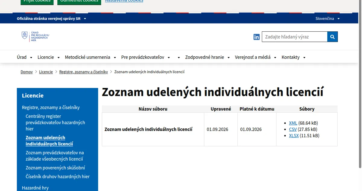 Stránka so zoznamom udelených individuálnych licencií na hazardné hry