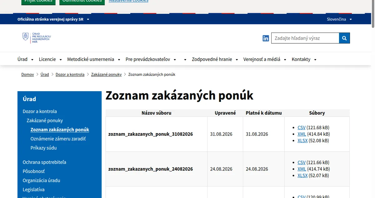 Stránka Zoznamu zakázaných ponúk na webe Úradu pre reguláciu hazardných hier